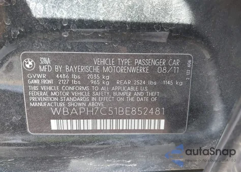 2011 BMW 328I z USA, uszkodzony, nr VIN WBAPH7C51BE852481